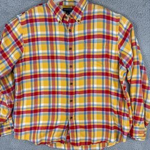 Lands End Flannel Shirt Mens XL Yellow Blue Flannel Casual Outdoor‎ Camping Fish
